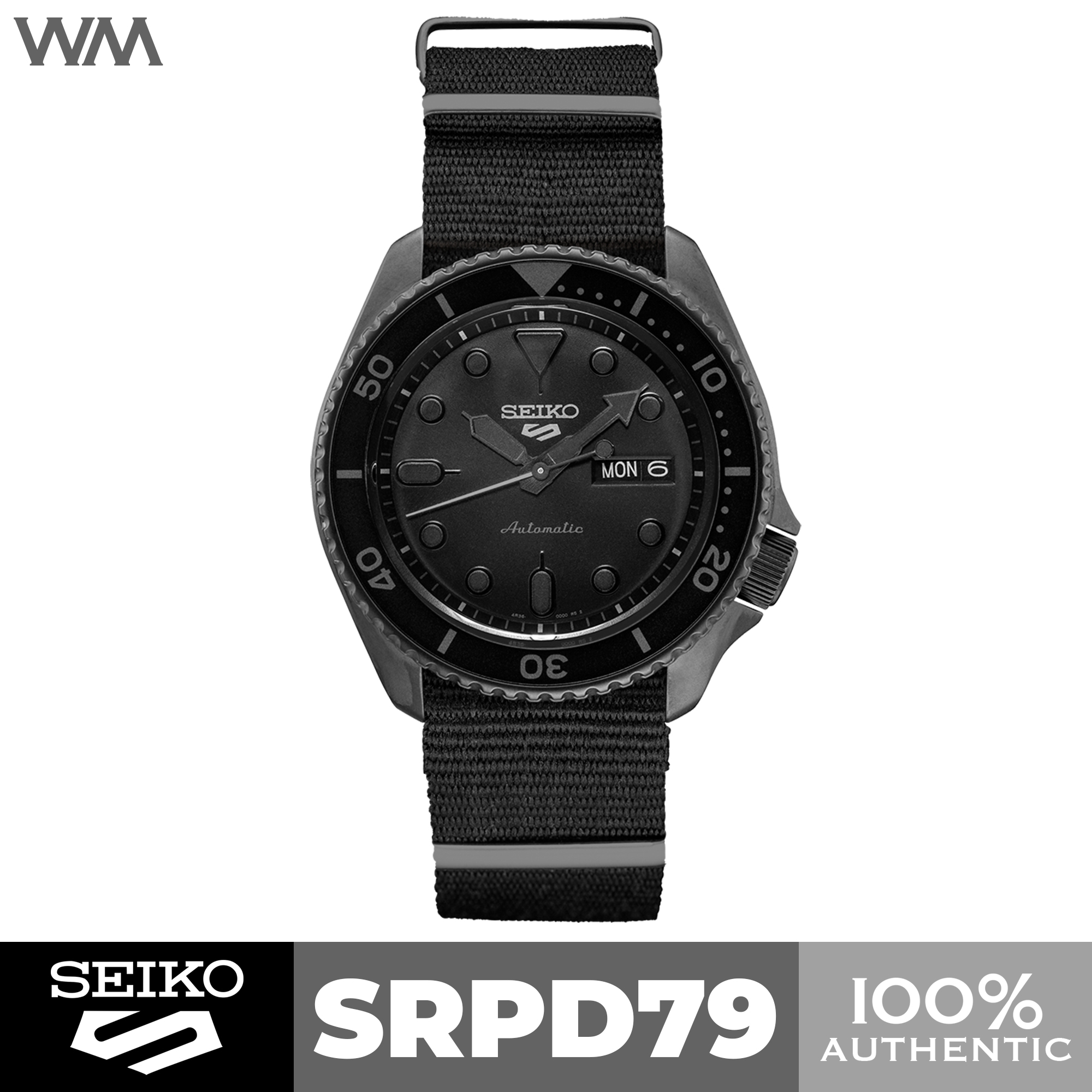Seiko 5 Sports Full Black Stealth Automatic Watch with Nylon Strap
