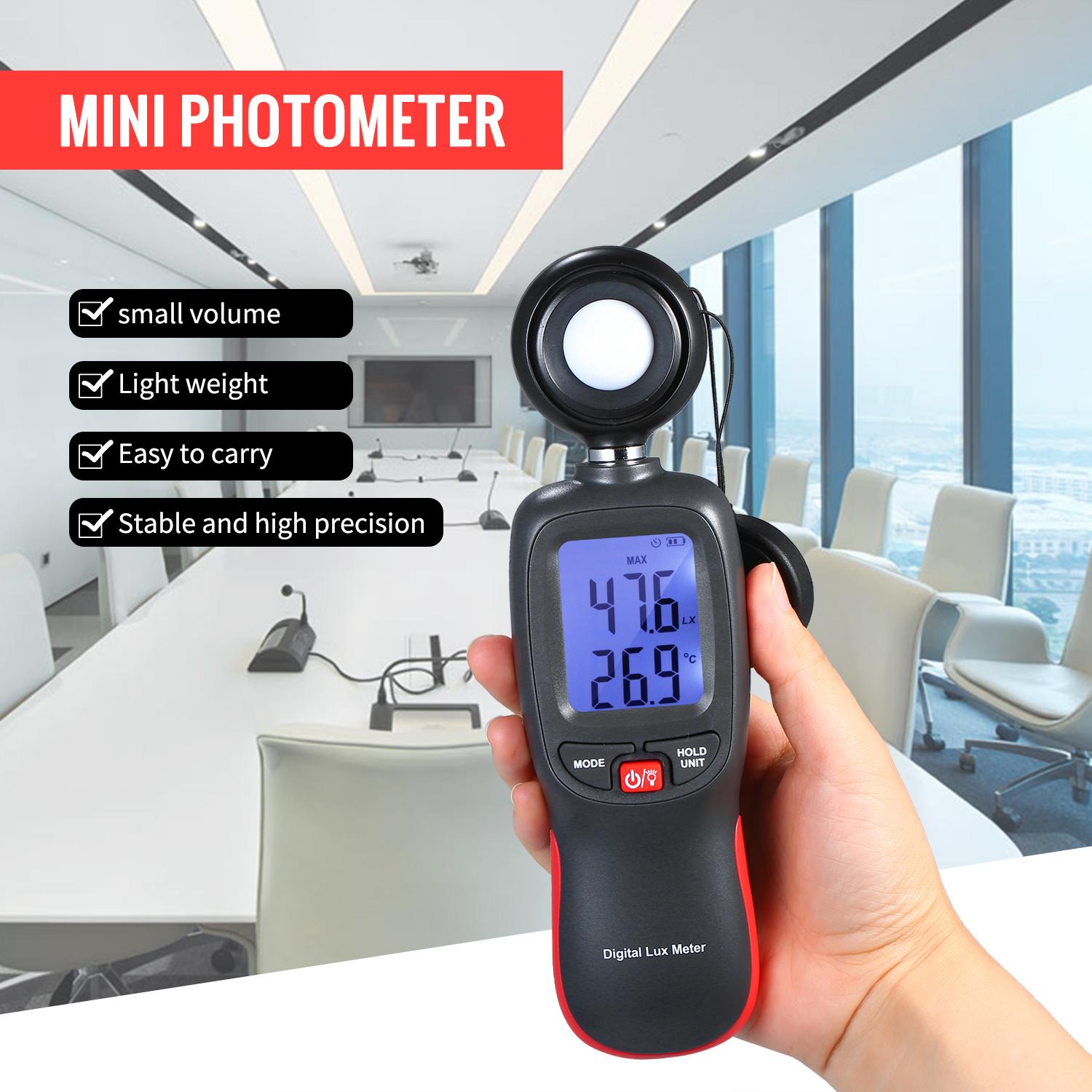 Digital Lux Meter LCD Display Handheld Illuminometer Mini Luminometer Photometer Luxmeter Light Meter 0-200000 Lux with Max/Min/Data Hold Mode
