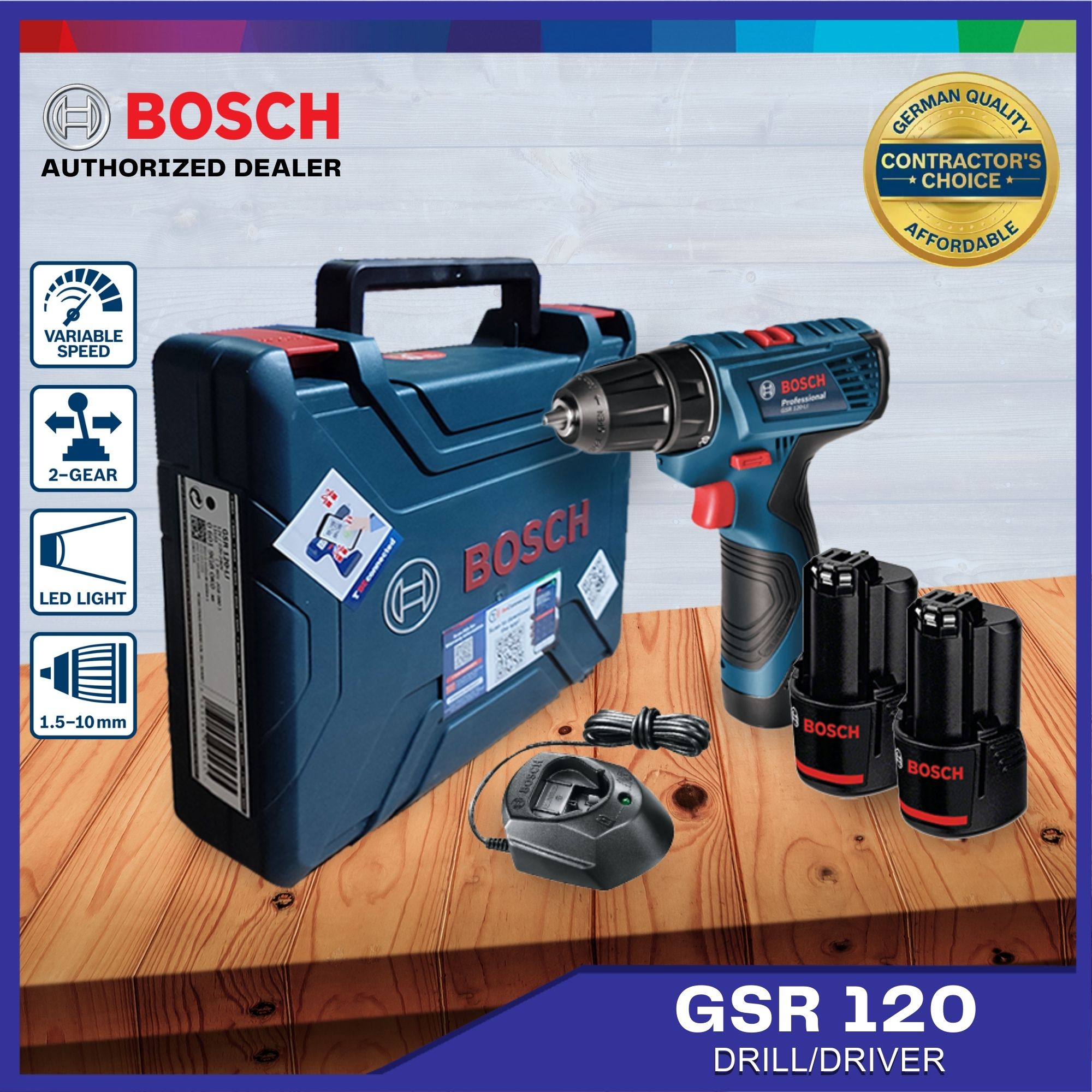 Bosch Drill Driver Cordless GSR 120-LI x GBA 12V GAL 1210 CV  06019G80K0 Contractor's Choice COC-CORDLESS Power Tool Blue Power by ECL