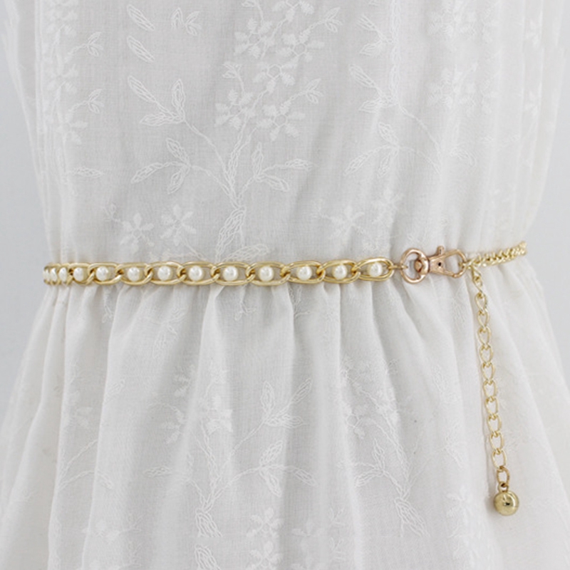 Fashion Elegant Ladies Pearl Waist Chain Metal Chain Belt Wild Thin Waistband Women Dress Decoration Belts Bohemian Slim Belt