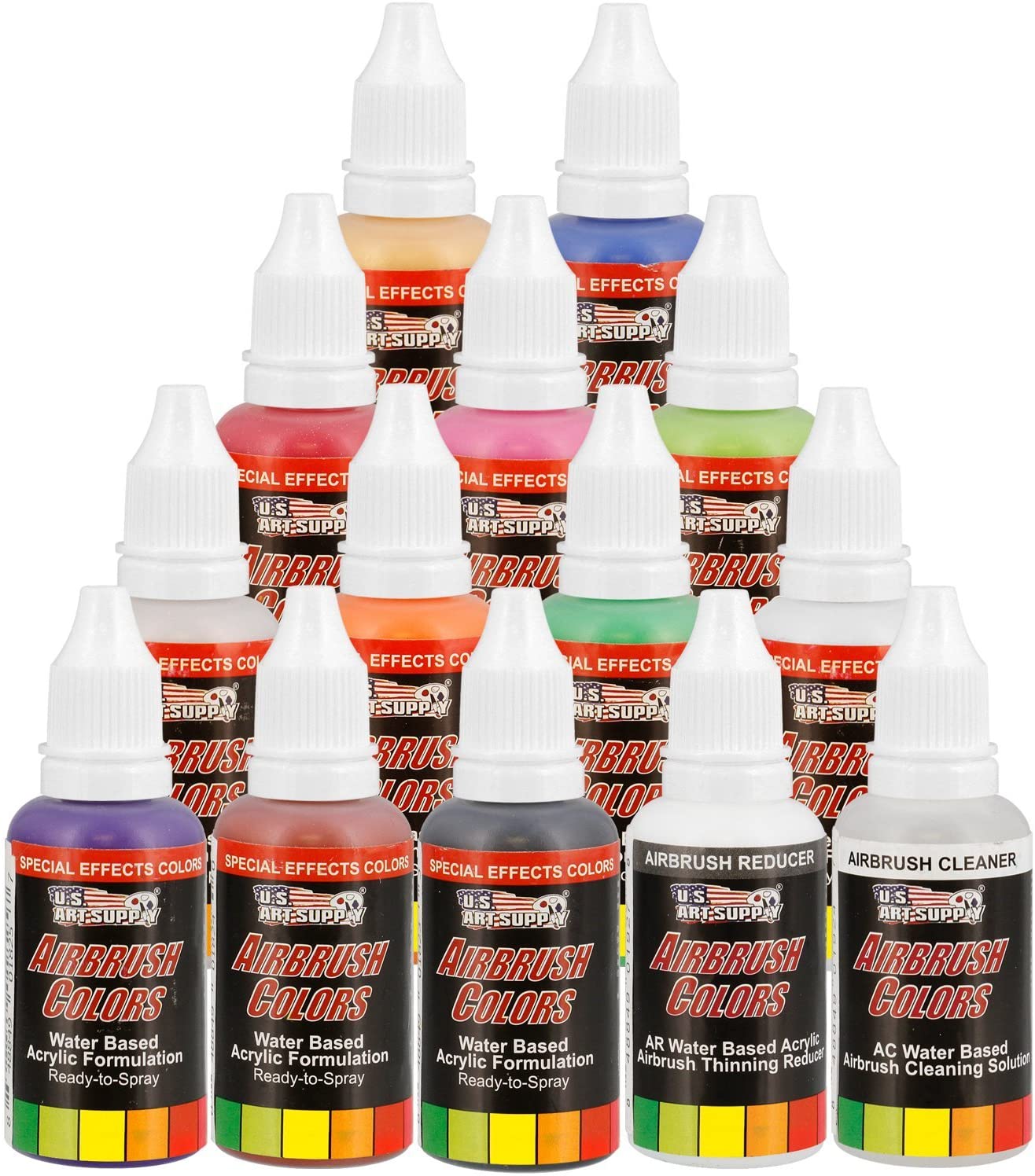 U.S. Art Supply 12 Color Pearlized Acrylic Airbrush, Leather & Shoe Paint  Set; Pearl Colors Plus Reducer & Cleaner 1 oz. Bottles