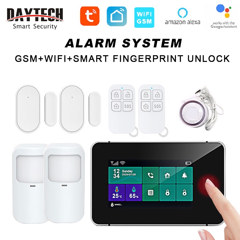 DAYTECH Tuya WiFi Gsm Security Alarm System Fingerprint Arming Temperature  And Humidity Display 433MHz Wireless Smart Home Burglar Alarm GSM05