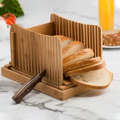 Bamboo Bread Slicer Cutting Guide - Wood Bread Cutter For Homemade Bread, Loaf Cakes, Bagels Foldable And Compact With Crumbs Tray Works Great