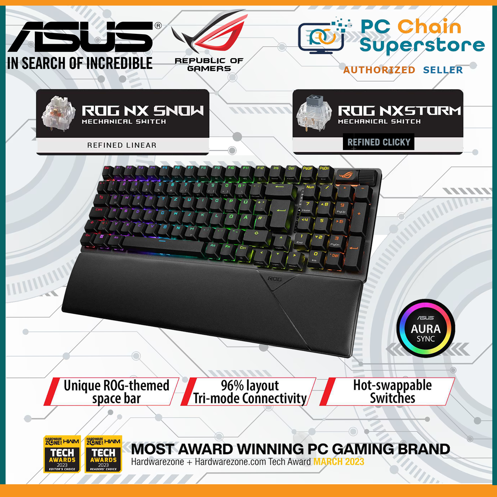 ASUS ROG Strix Scope II 96 Wireless Gaming Keyboard, Tri-Mode