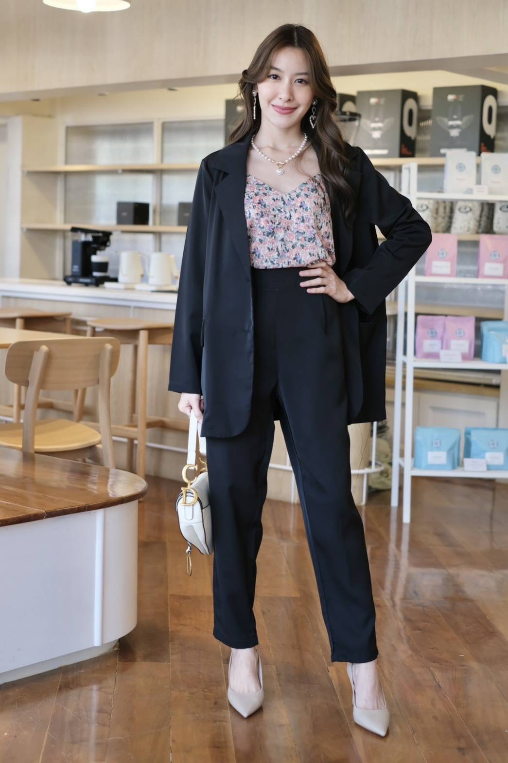 Miss Lucky Bangkok 3pcs/Sets Long Sleeve Blazer Suit With Floral Spaghetti  Top And Long Pants Coordinates Set Office Outfits Panty Wedding For Women  720-9