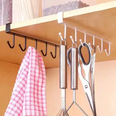 Trendy 6 Hooks Cup Holder Hang Kitchen Cabinet Shelf Storage Rack Organizer Tools Closet Clothes Shelf