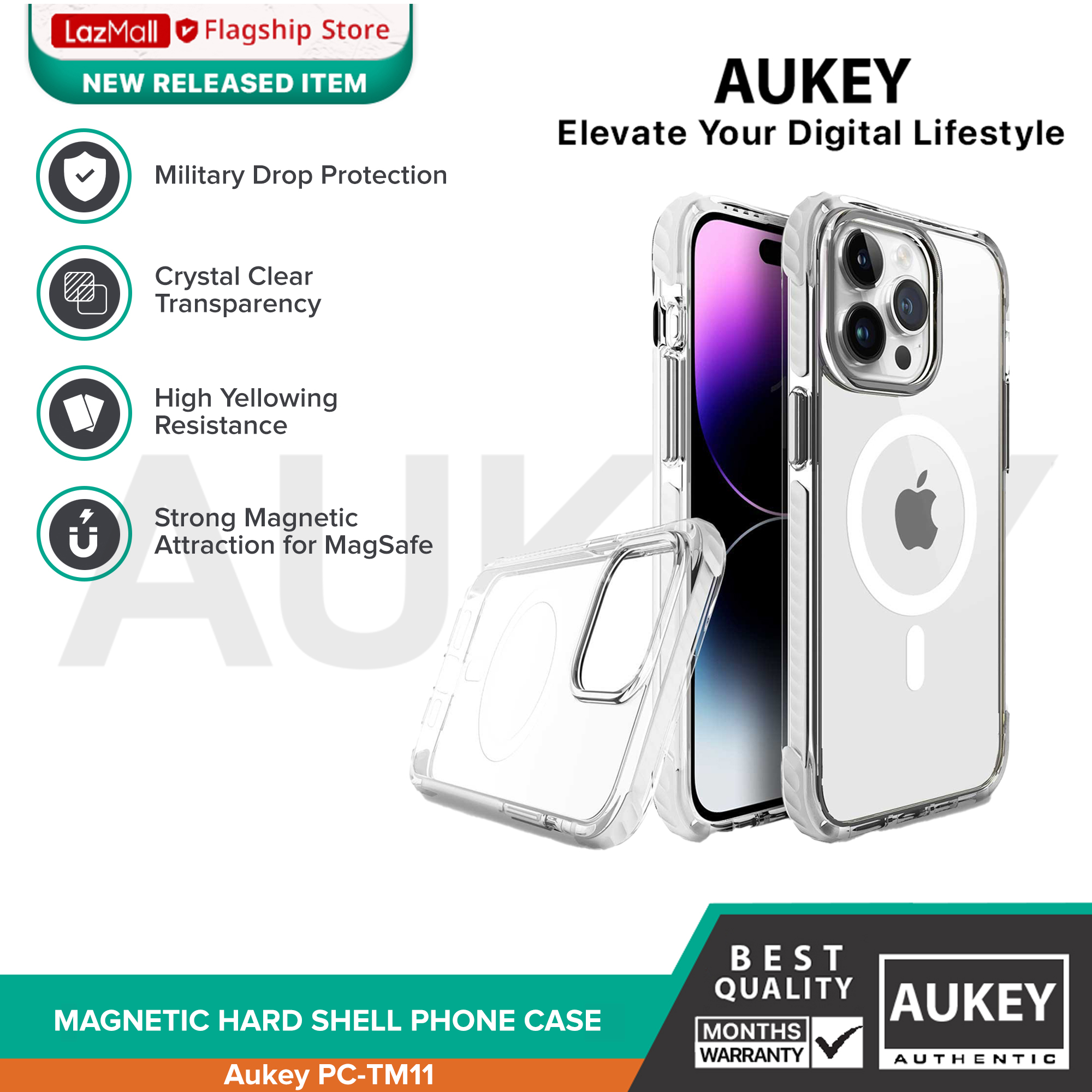 AUKEY PC-TM11 Magnetic Hard-Shell Phone Case 3M Military Grade, unique TPU  TPE airbag physical structure, iPhone 15 series, Clear