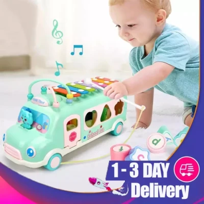 Knocking Piano Bus Musical Instrument Toys Multi-Functional Building Blocks Wrapping Bead Pulling Thread Music Car Toy Baby Toys Kids Music Educational Toys for Baby Boy Girl Toddler Preschooler