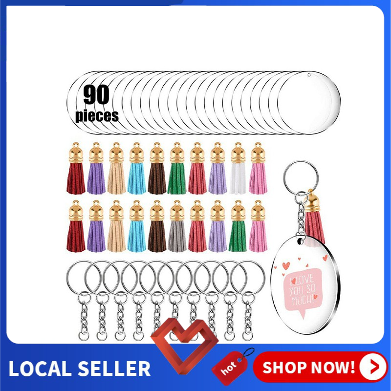 90pcs Clear Acrylic Circle Discs Keychain Blanks Tassel Pendant Key Ring  DIY Kit