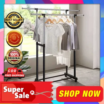 Original High Quality Stainless Steel Double Rail Garment rack with shoe shelf on wheels adjustable pole telescopic clothes rack Double pole 30kg Indoor Double pole with rollers Adjustable Rolling Clothes Hanger Coat Rack Floor Hanger Storage / clothing /
