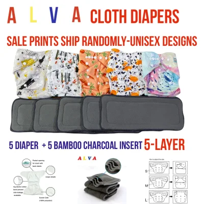 5 Sets Alva Cloth Diaper With 5-LAYER BAMBOO CHARCOAL Insert will SHIP Random SALE PRINTS SHIP RANDOMLY-UNISEX PRINTS