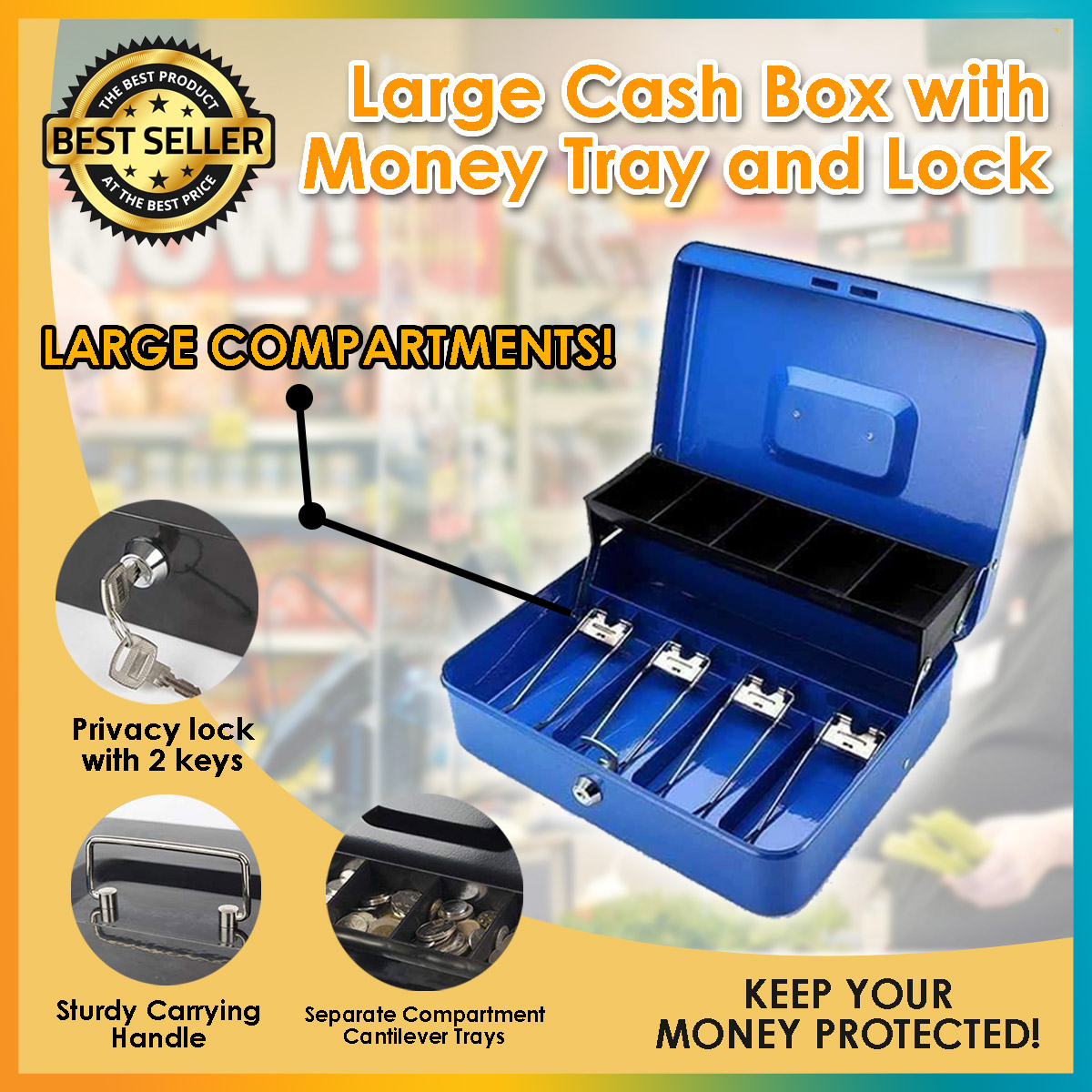 Safety Security Cash Box with Money Tray and Lock, Metal Money Box Safe