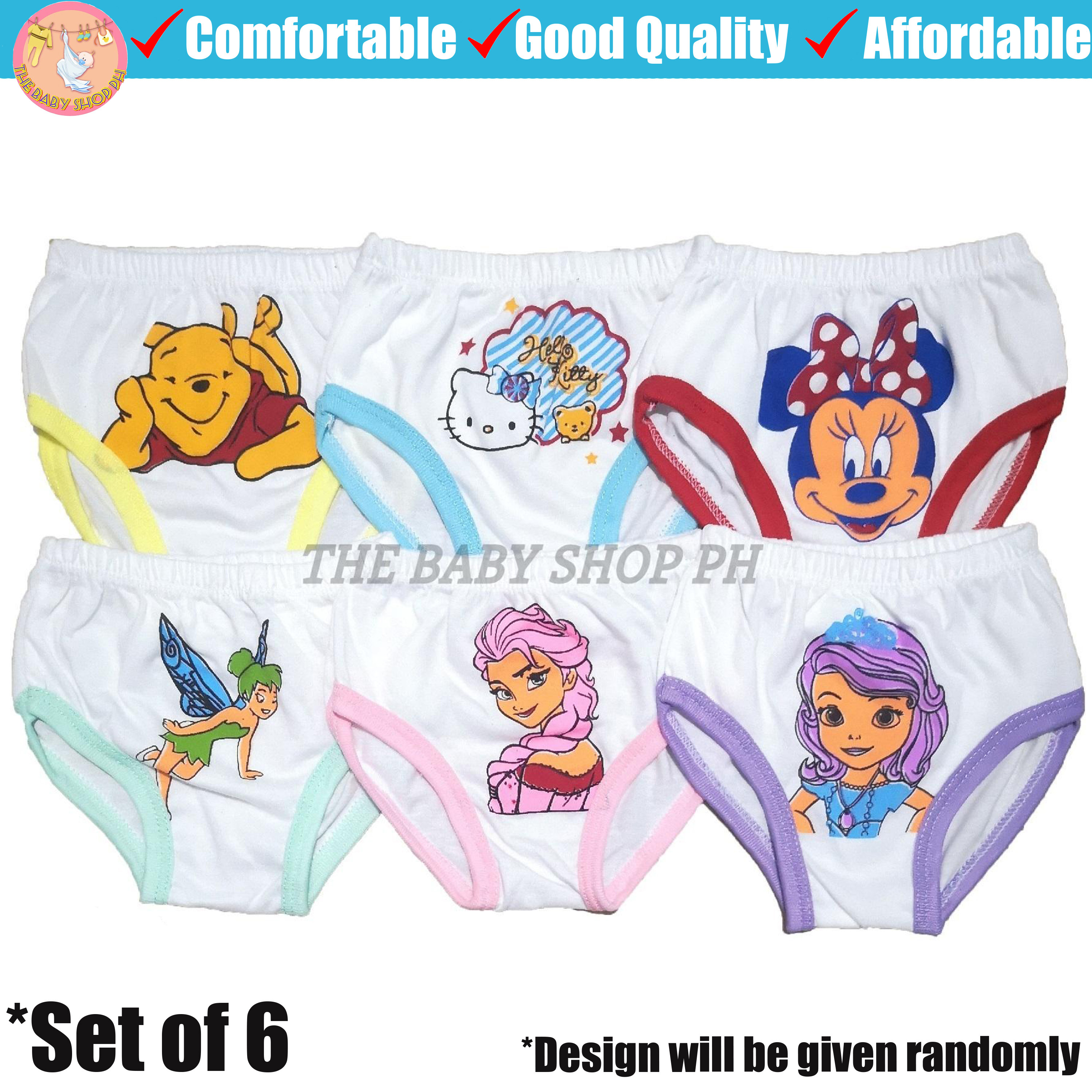 Dido's 6pcs Plain White Cotton with Cute Character Kids Panty with