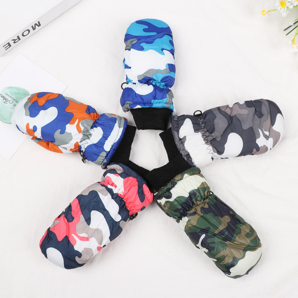 OUMTFR STORE New Fashion Winter Windproof Furry Warm Mitts Camouflage Children Gloves Skiing Mittens Thicken