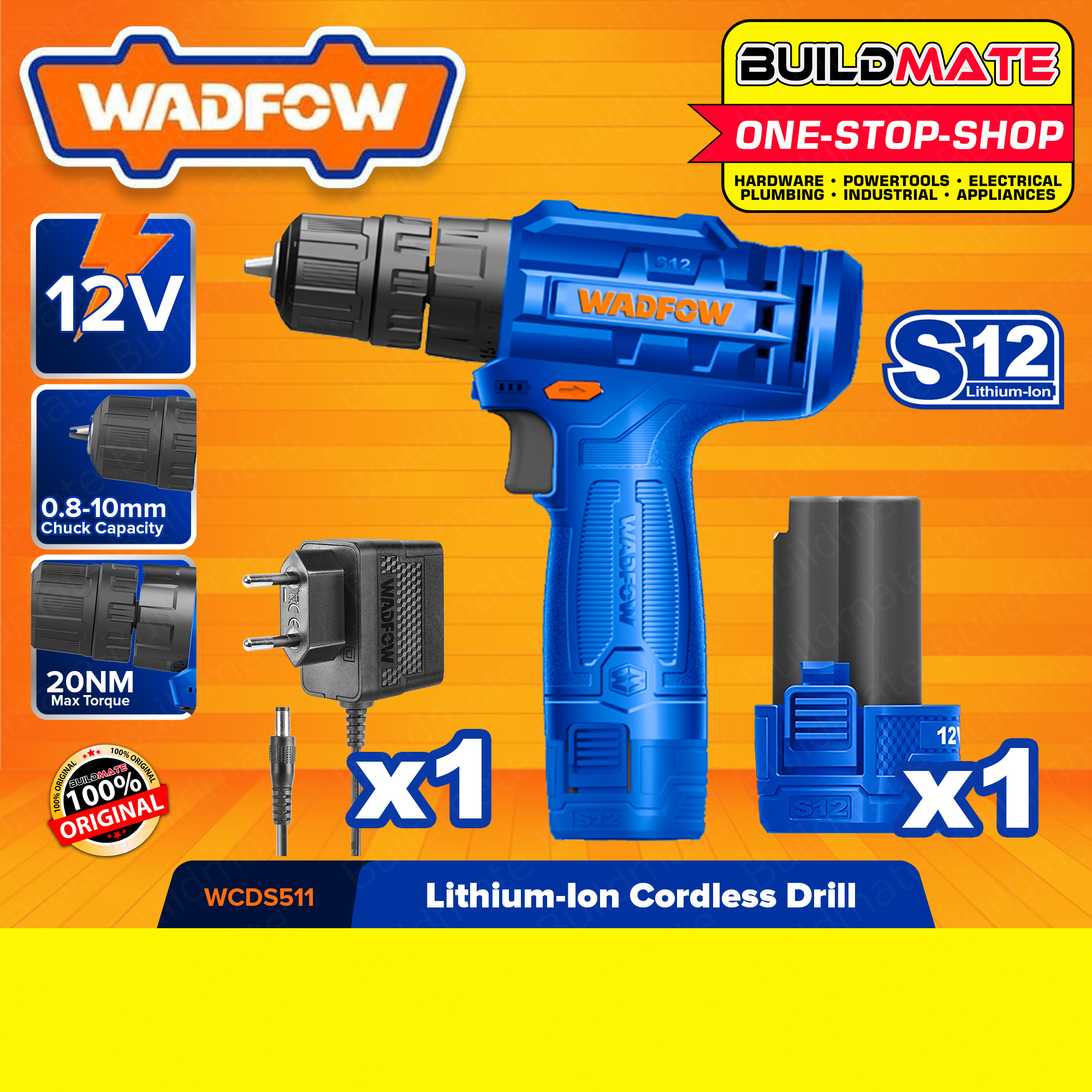 WADFOW LithiumIon LiIon Cordless Drill Gun 12V With Battery & Charger