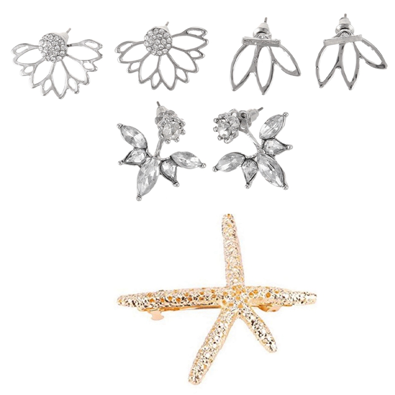 Women's Jewelry Hair Accessories Starfish Hairpin with 3 Pairs Lotus Flower Earrings Jackets for Women Girls Earrings