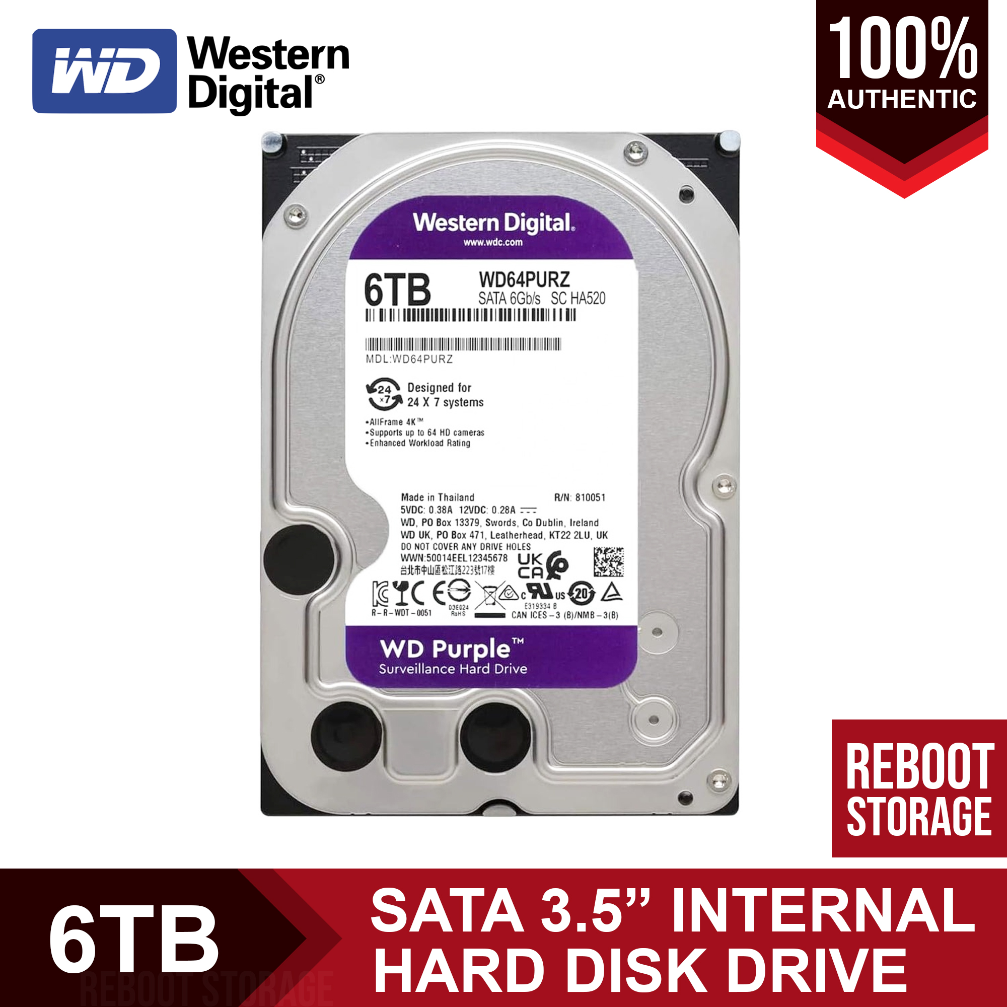 WD Purple 6TB Surveillance Internal HDD - SATA III, 256MB Cache, 3.5-inch WD64PURZ