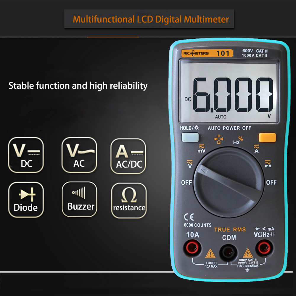 RICHMETERS RM101/RM102 Multimeter True RMS Multifunctional LCD Digital DMM DC AC Voltage Current Meter Resistance Diode Capacitance Tester Measurement Automatic Polarity Identification Ammeter Voltmeter Ohm