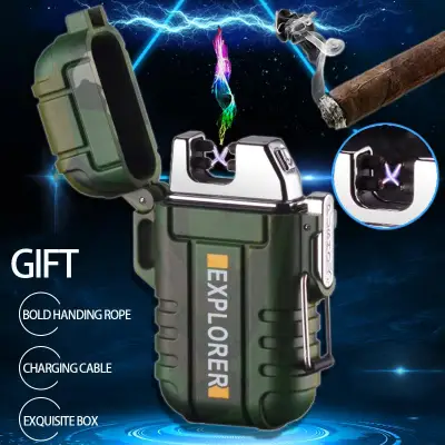 Green Lighter Outdoor Waterproof Dual Arc Lighter Camouflage Green Rechargeable Zippo Style Windproof Plasma Arc Electronic Electric Lighter