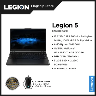 Legion 5 82B500K3PH | AMD Ryzen 5 4600H | NVIDIA GeForce GTX 1650 Ti 4GB GDDR6 | 15.6" FHD (1920x1080) IPS 300nits, 144Hz, 100% sRGB, Dolby Vision | 8GB DDR4-3200 | 512GB SSD M.2 2280 PCIe NVMe | Windows 10 Home 64, English | 3 Years Premium Care Warranty