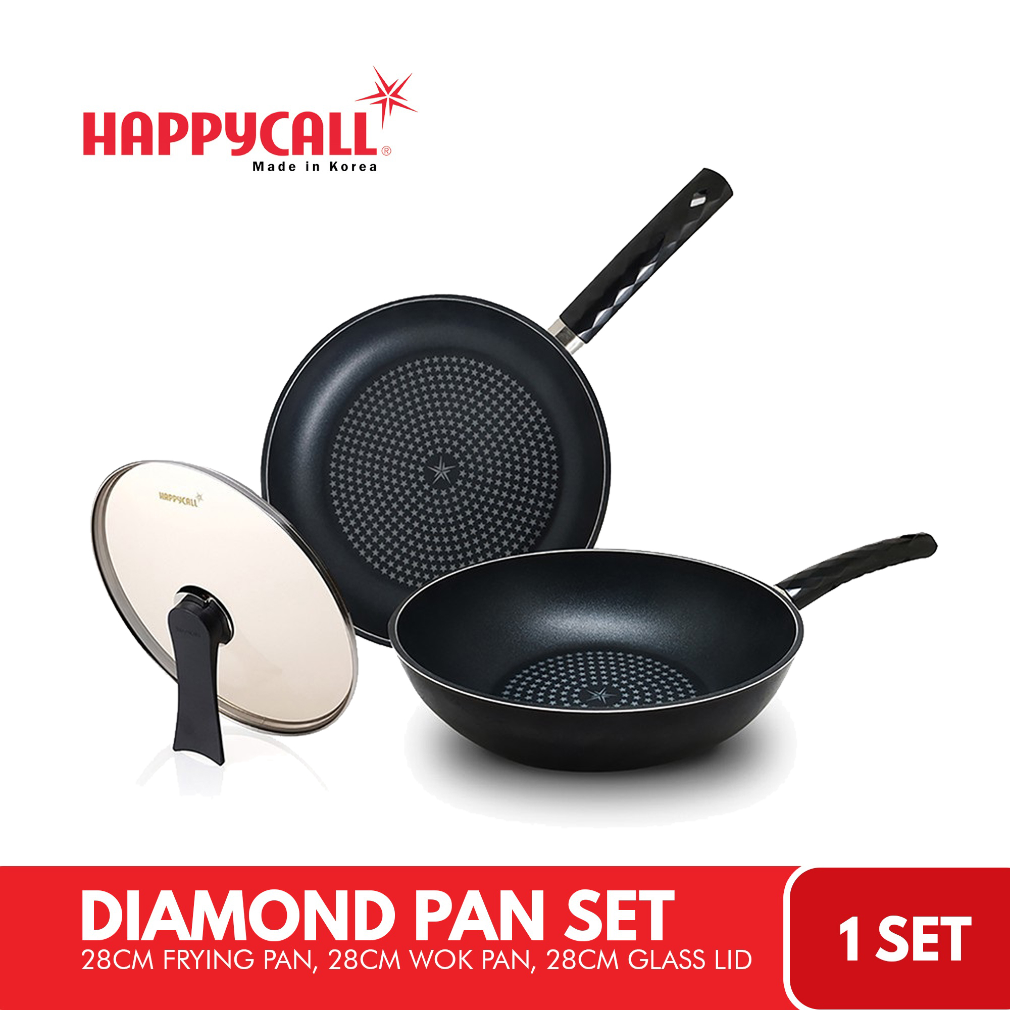 Happycall Diamond Pan Set, 3 Pcs (28cm Frying Pan + 28cm Wok Pan + 28cm  Glass Lid) Not Induction Ready