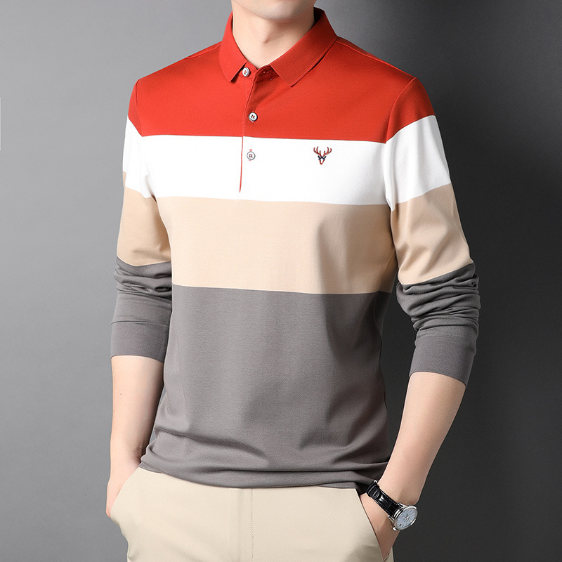 Polo shirt Men Long sleeve cotton with collar stripe korean fashion ...