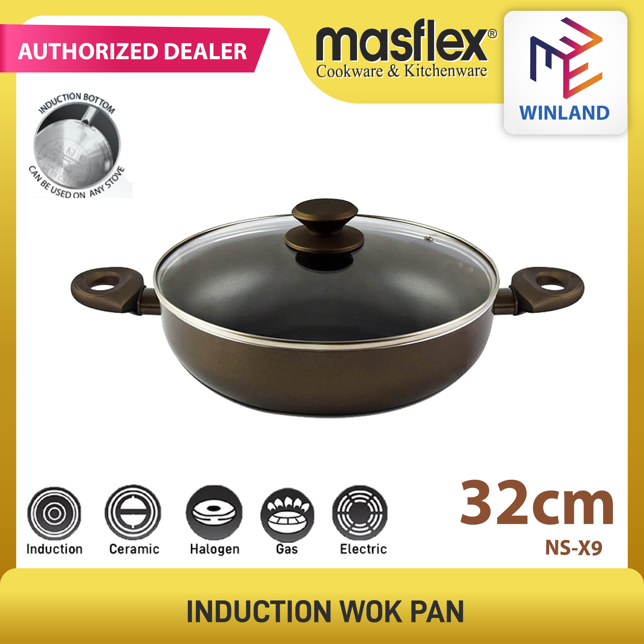 Masflex 32 cm Master Class Non Stick Wok With Glass Lid