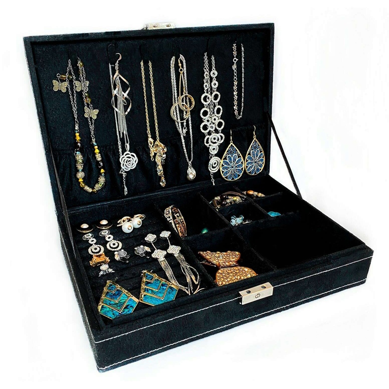 Jewelry Box Velvet Storage Box with Lock Display Multifunction Earring Necklace Ring