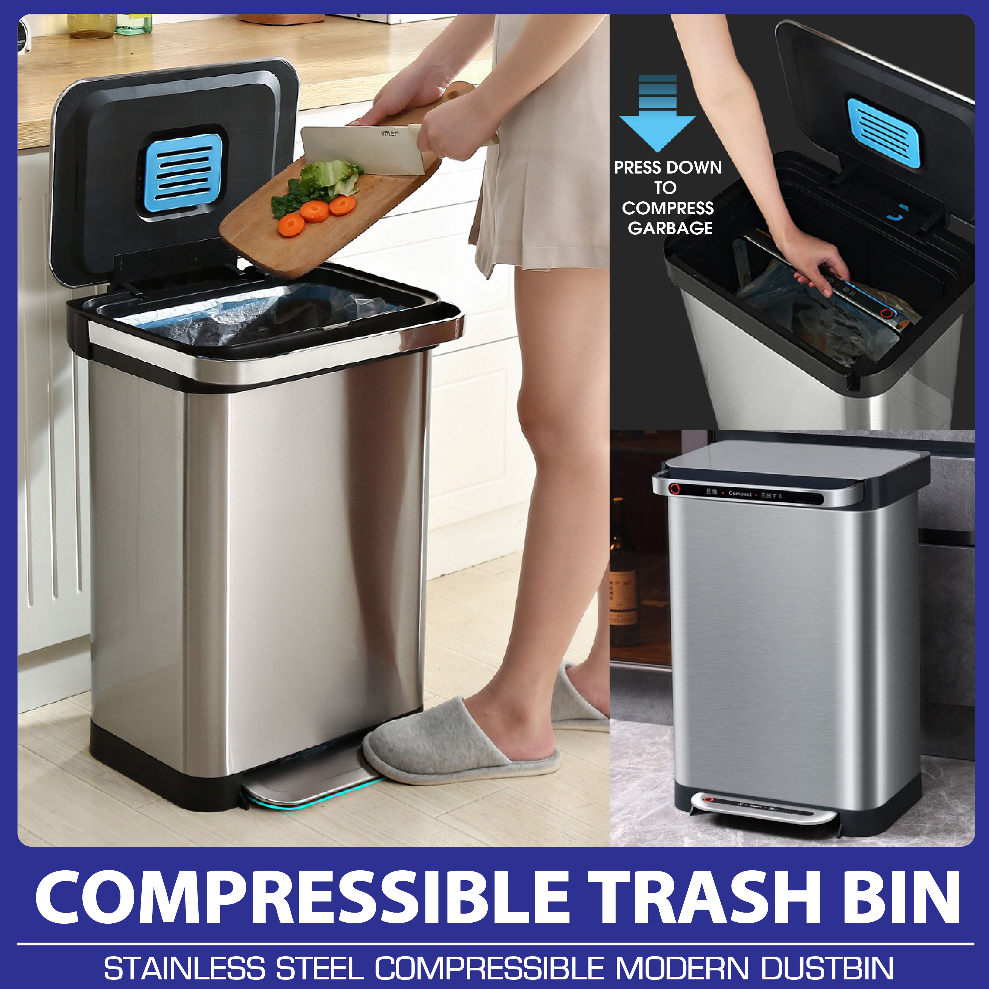 Details about   50L Stainless Steel Recycling Bin Pedal Waste Kitchen Trash Dustbin Rubbish 