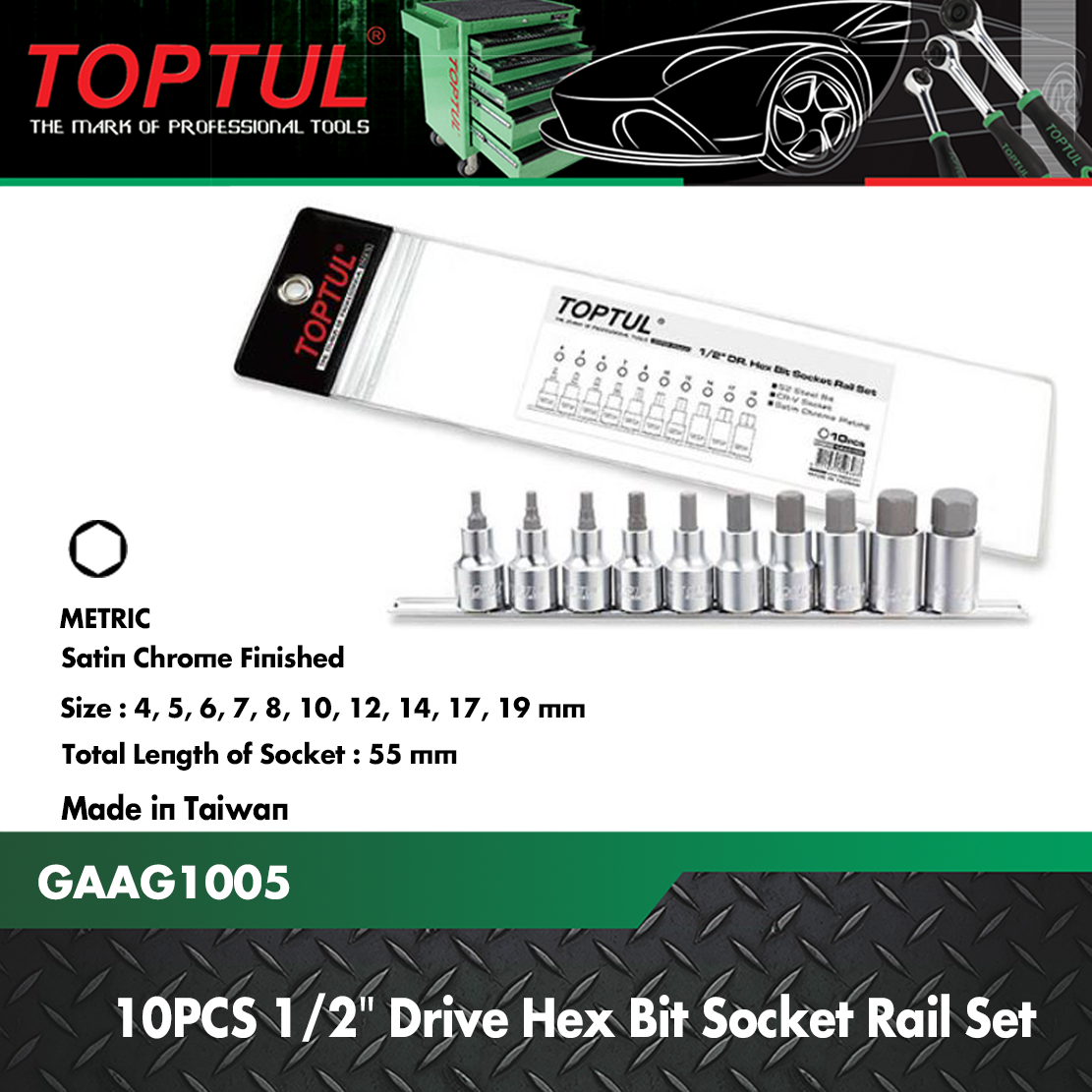 10PCS 1/2 DR. Hex Bit Socket Rail Set - TOPTUL The Mark of