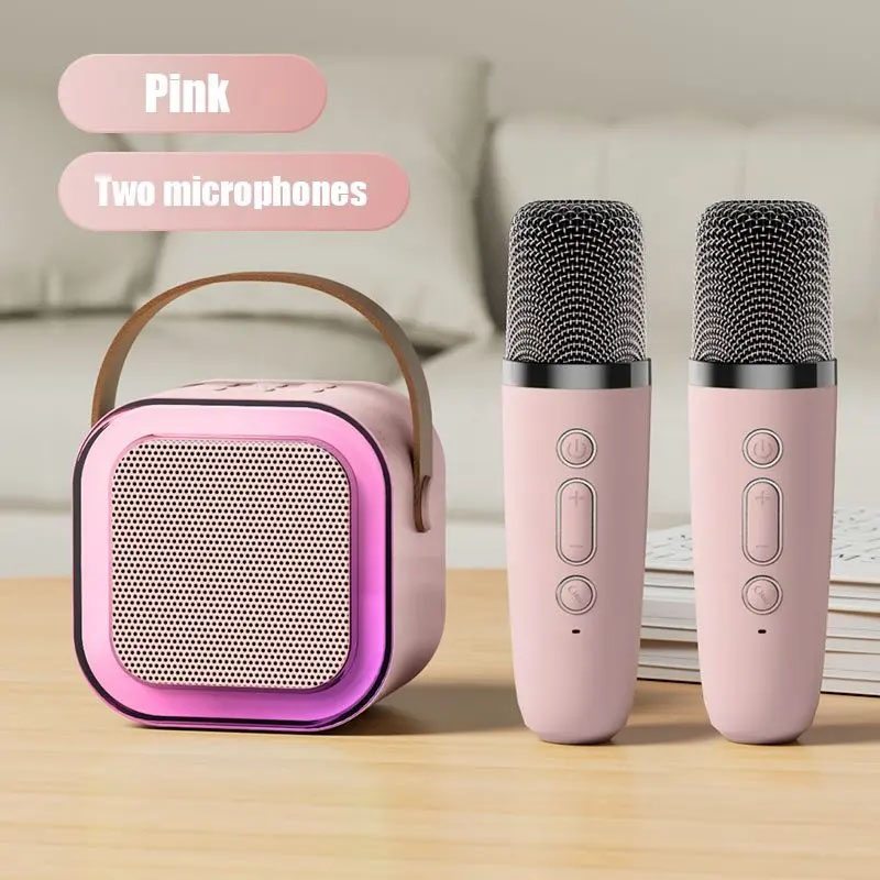 Pink)Mini Karaoke Machine Portable Bluetooth Speaker With 2 Wireless