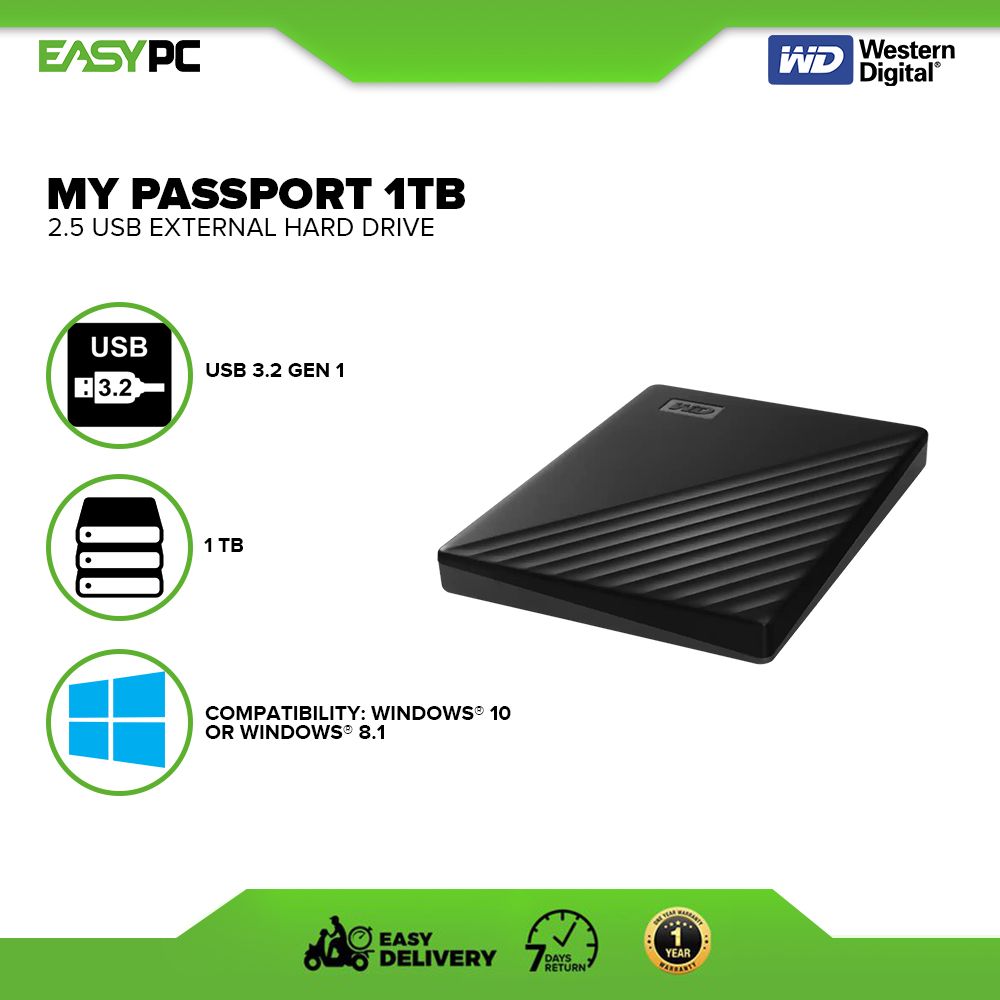 solsikke Skubbe Pjece Western Digital My Passport External Hard Drive 1tb 2.5 USB , External hard  drive 1TB for Back up Important files, Movies, Videos, Music, Pictures and  Documents, Hand Carry External Hard drive, For