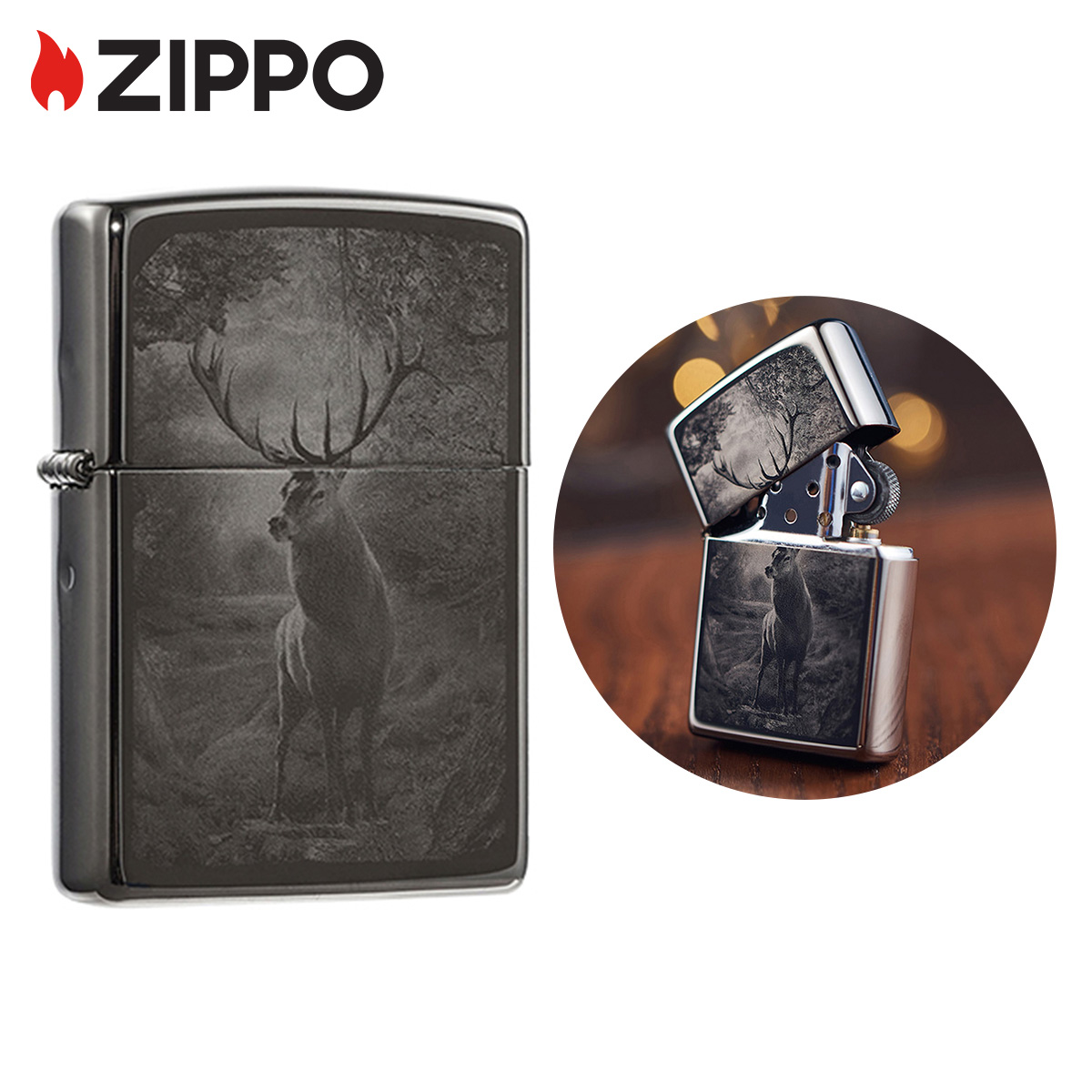 Zippo Deer In The Woods Design Black Ice Pocket Lighter 49059