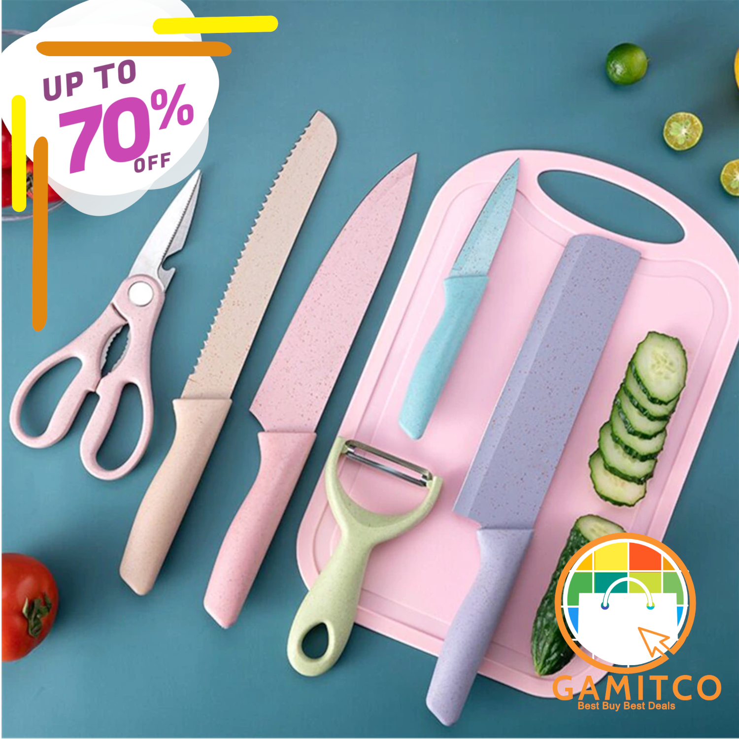 GAMITCO High Quality Kitchen Knife Set 6 PCS Pastel Colors Stainless