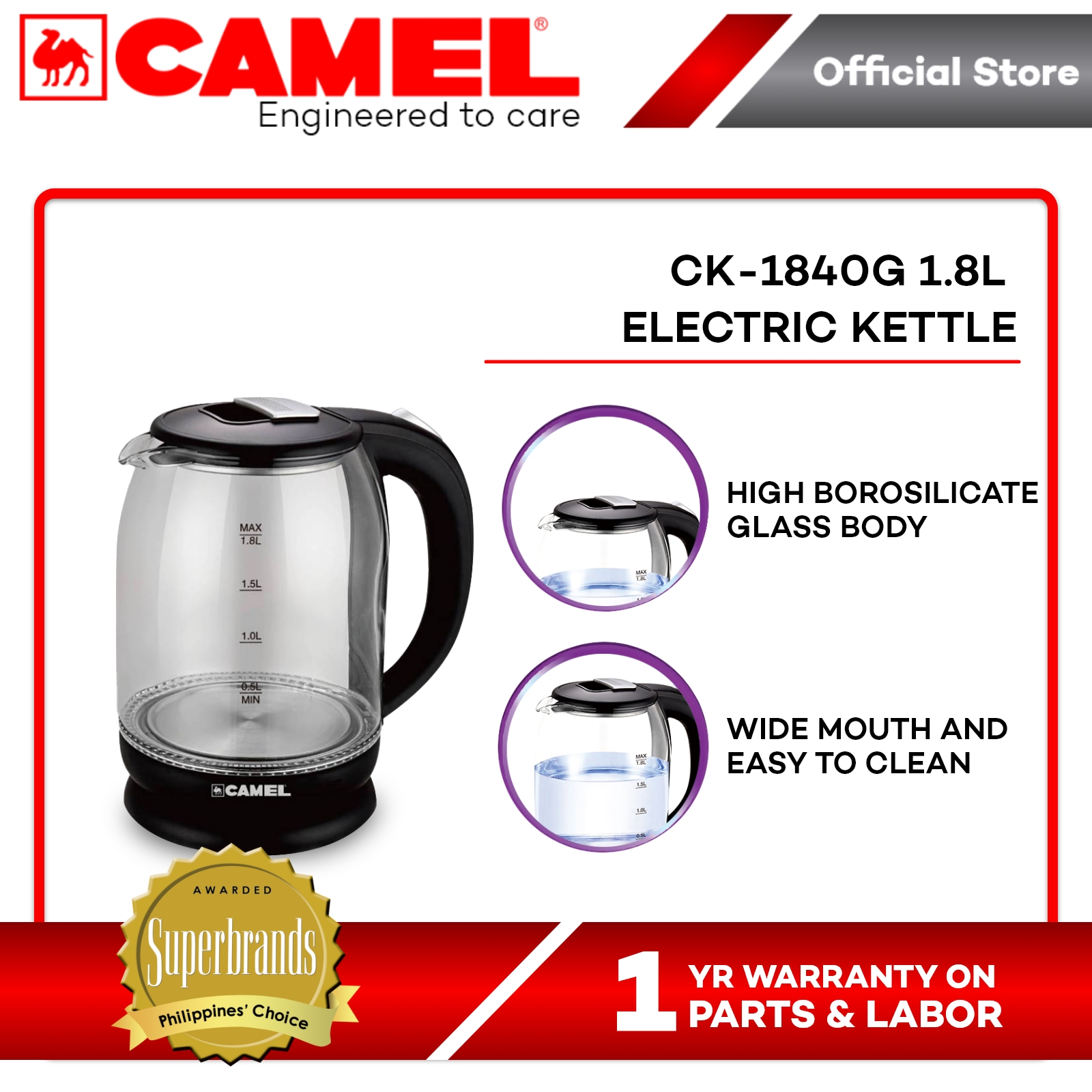 Camel CK-1840G Electric Kettle (Black) Cordless Glass Kettle
