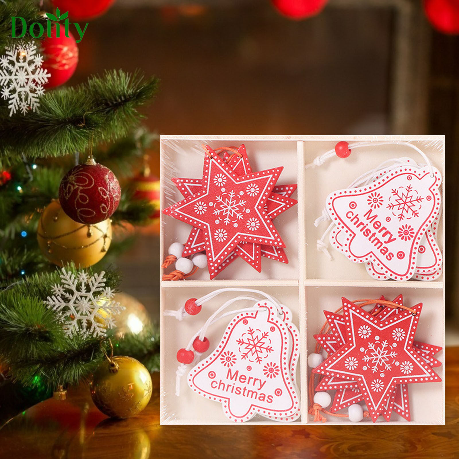 40pcs, 1inch Wooden Round Red Snowflake Wreath Printed Tags Ornaments With  Jute String For Christmas Tree Decorations Pendants DIY Xmas Winter Arts Cr