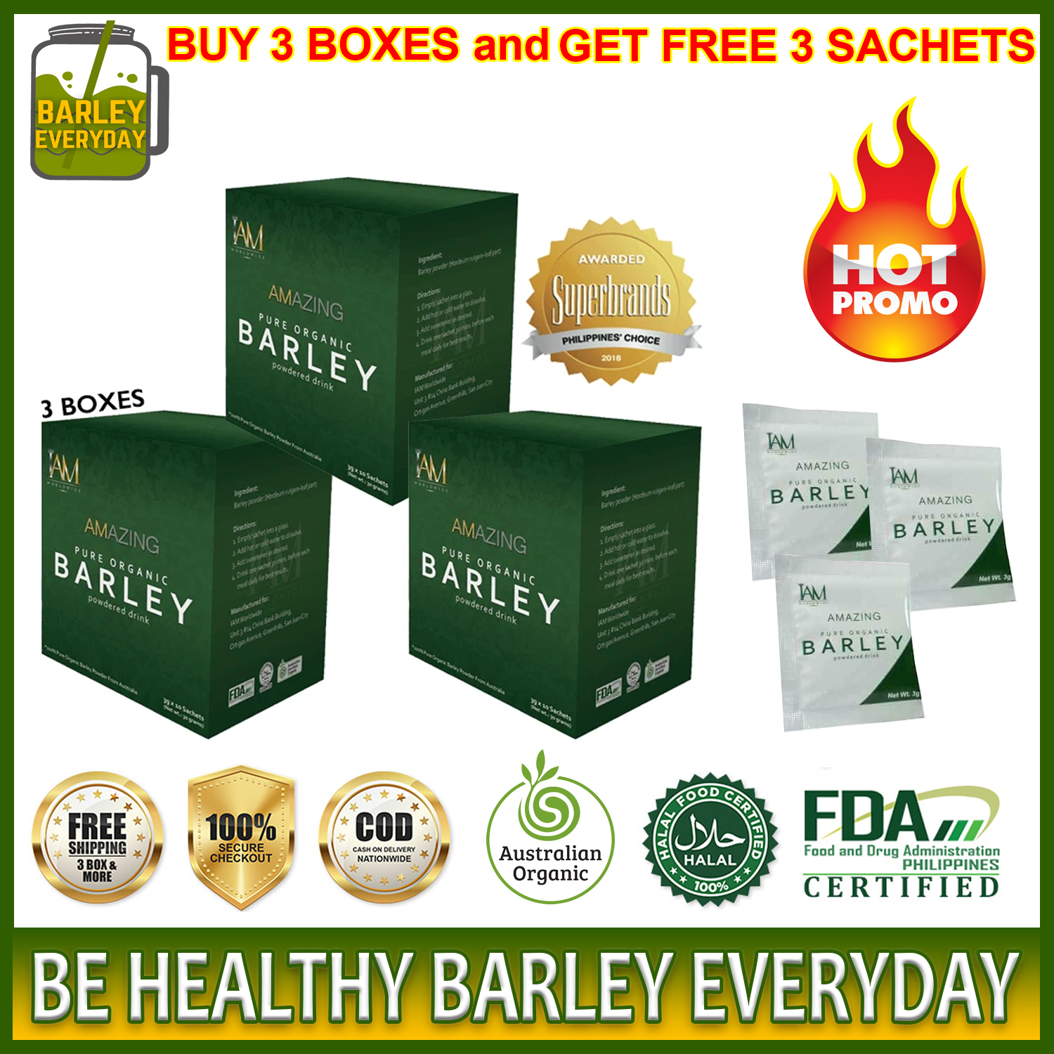 ☘️ Barley Everyday | PROMO 3 Boxes FREE 3 Sachets Pure Organic Barley Juice  Powder (33 Sachets) Original Immune System Booster Colon Cleansing Fight  Cancer Fertility PCOS Herbal Drink Food Supplement Slimming 