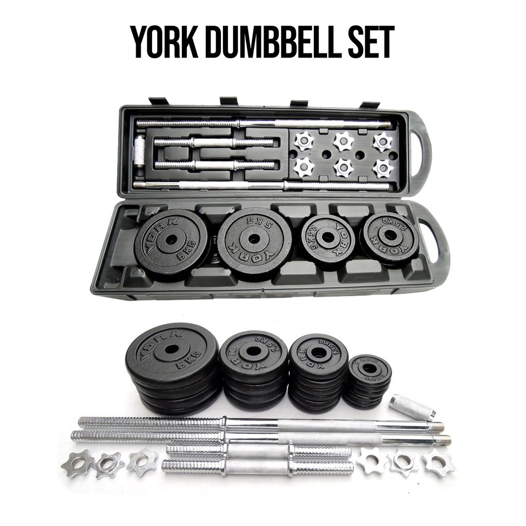 York Cast Iron Dumbbell Barbell Set 50 Kg W/ Long Bar and Plastic Case