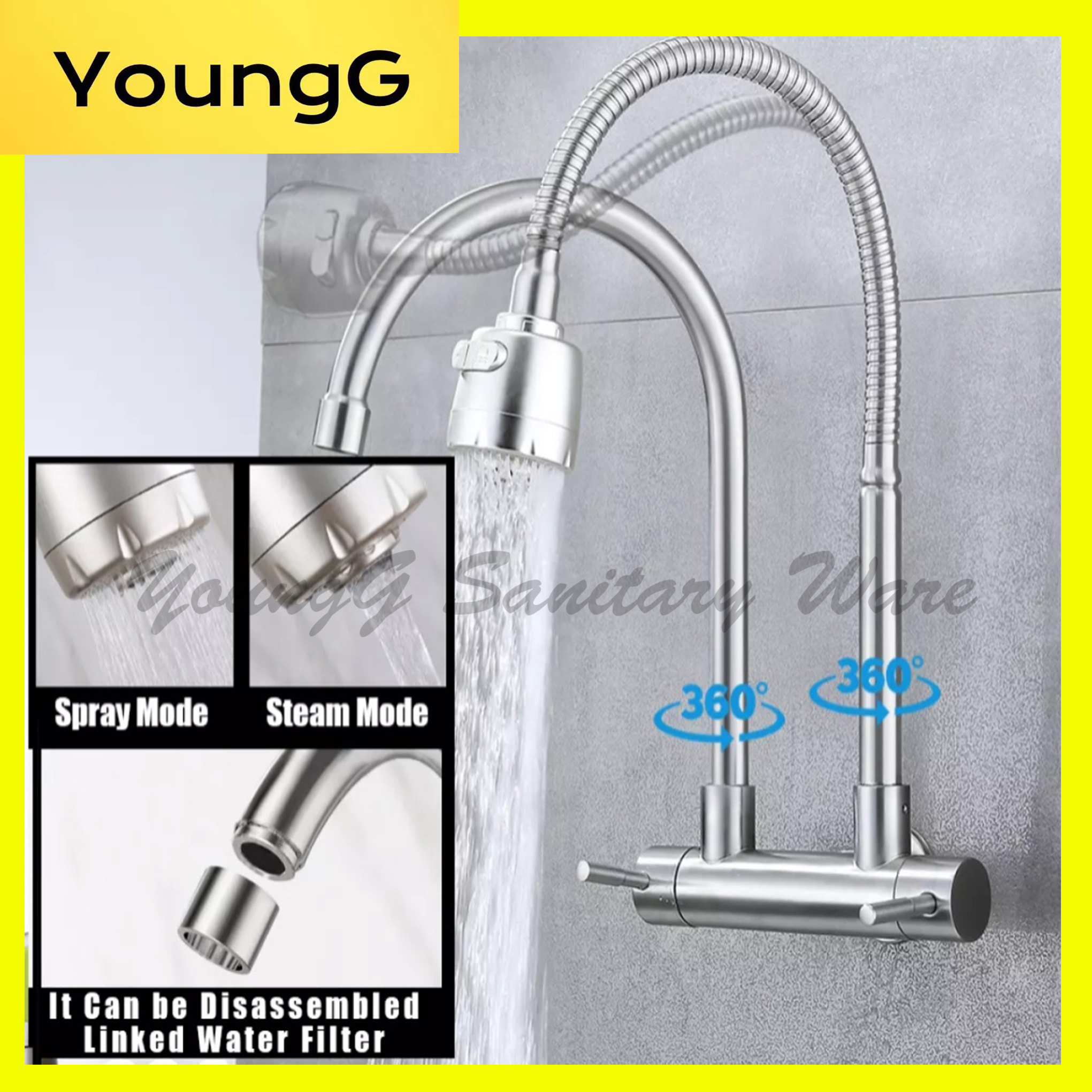 Wall Stainless Steel  304 Swivel Spout Kitchen Sink Tap Single Cold Water Faucet 
