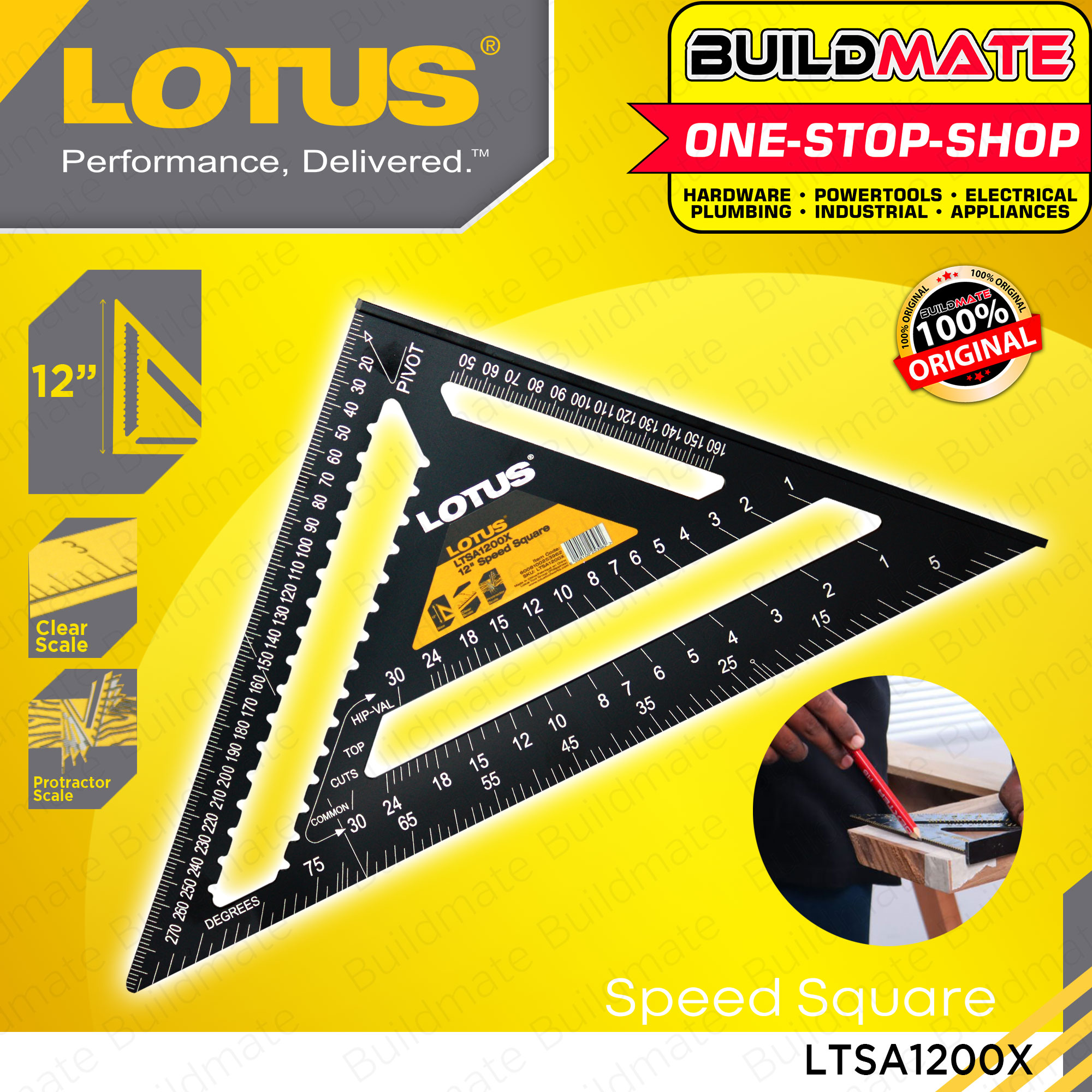 LOTUS 12" Inch Speed Square Aluminum Alloy Triangle Ruler Woodworking