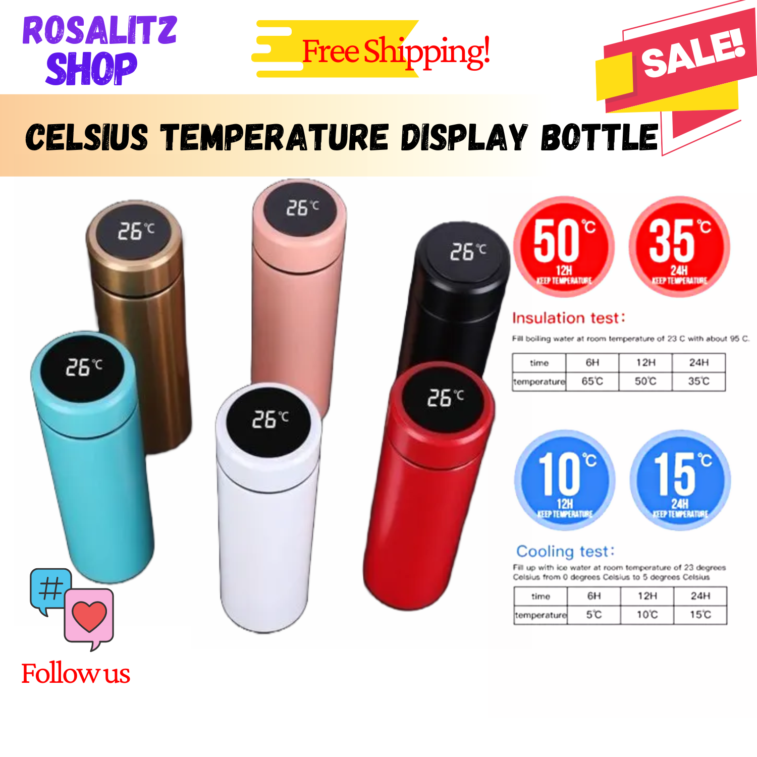 rosalitz Celsius Temperature Display Water Bottle 500ml Intelligent