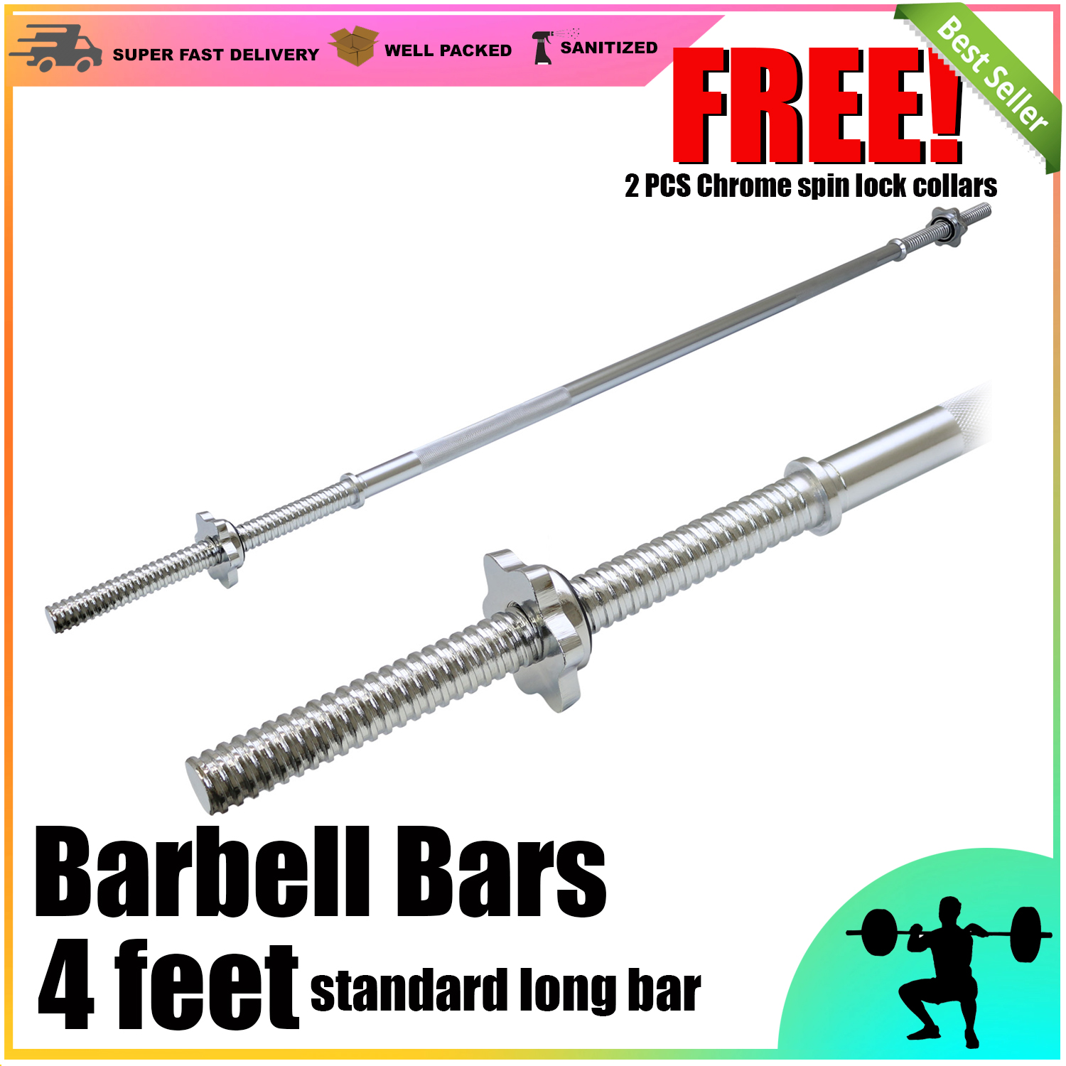 4 Feet Threaded Chrome Barbell Long Bar 1 Inch Barbell Diameter with