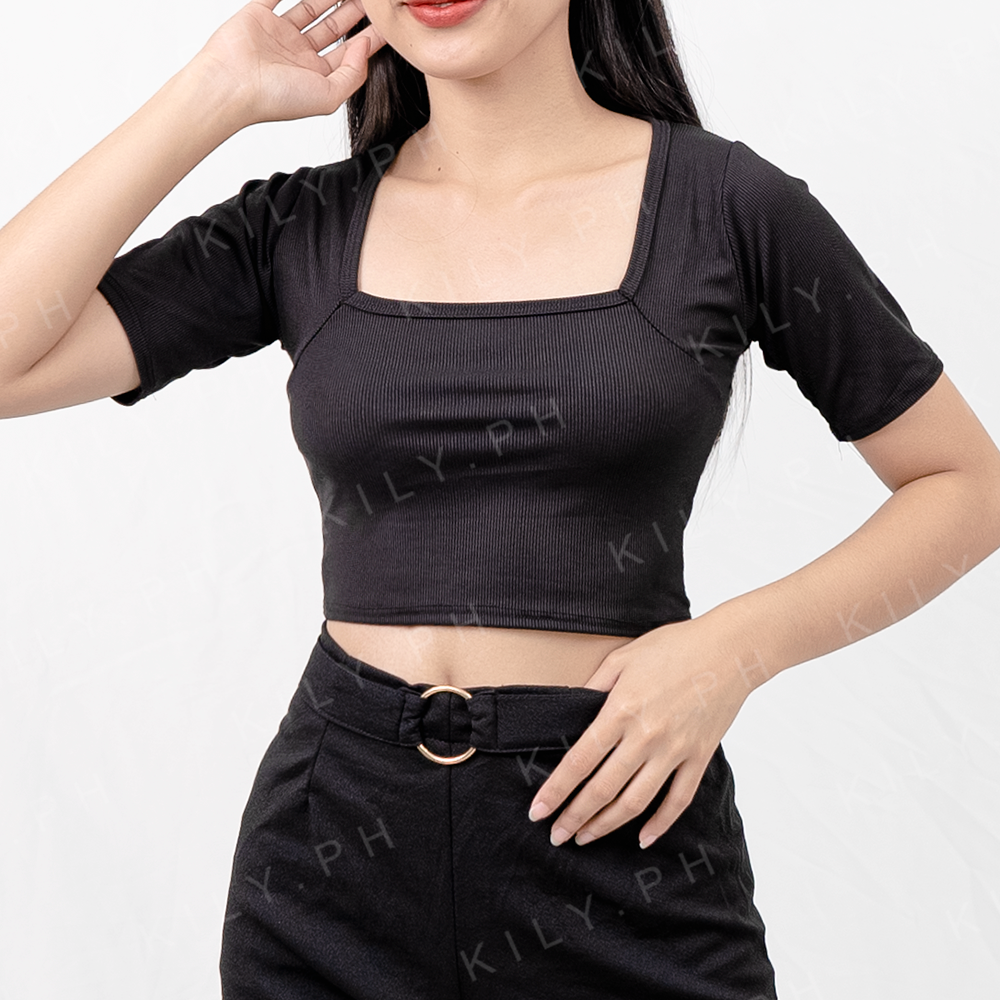 VAMPIRE.PH Women's Short Sleeve Knitted Scoop Neck Midriff Plain Crop Top  6A0262