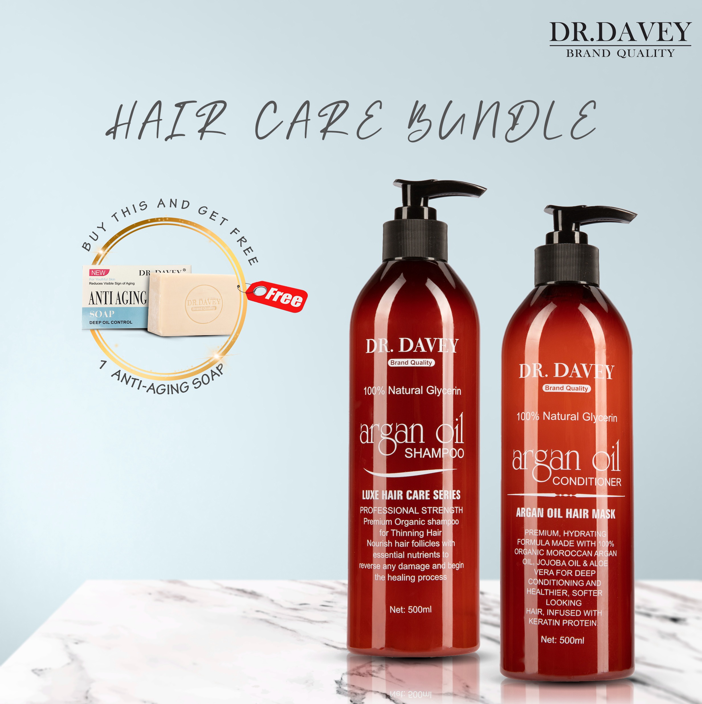 Dr. Davey [DVB-0004] Best Pair HAIR CARE BUNDLE with FREE Dr. Davey Dream  White Soap- 100% Natural Glycerin Argan Oil Shampoo and Conditioner, Helps  to Reduce Hair Fall, Tame Frizzy Hair, Fights