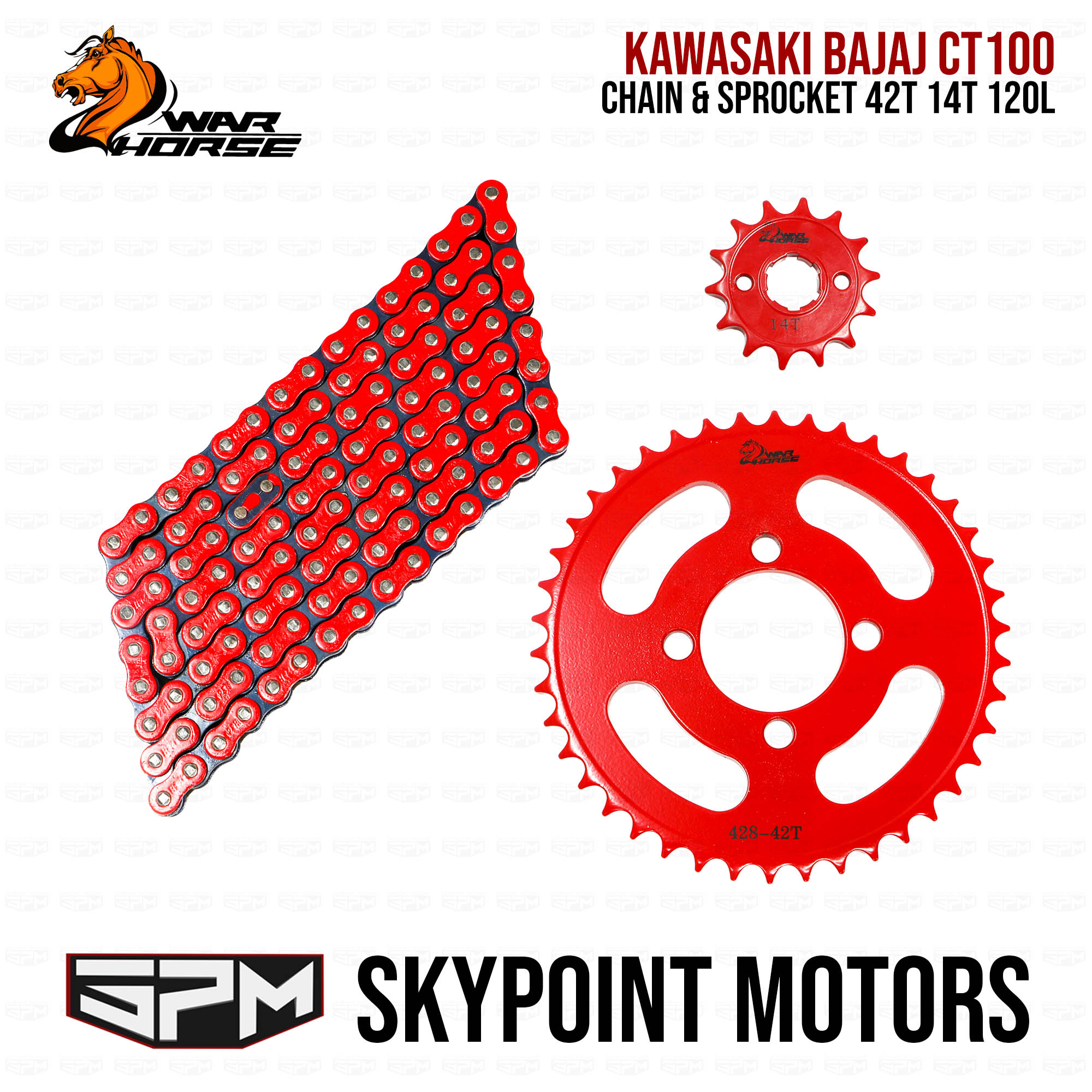 WARHORSE CHAIN AND SPROCKET SET FOR KAWASAKI BAJAJ CT100 42T 14T 120L