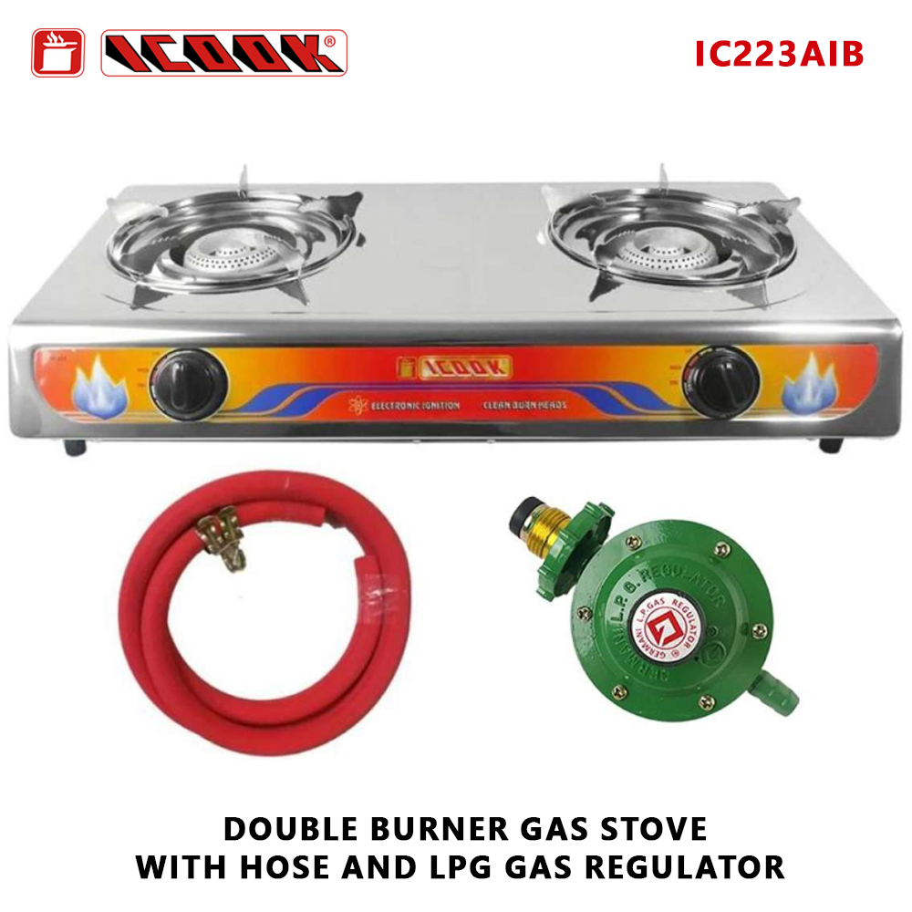 Double Burner Gas Stove Stainless Steel IC223 w/ LPG Hose and LPG