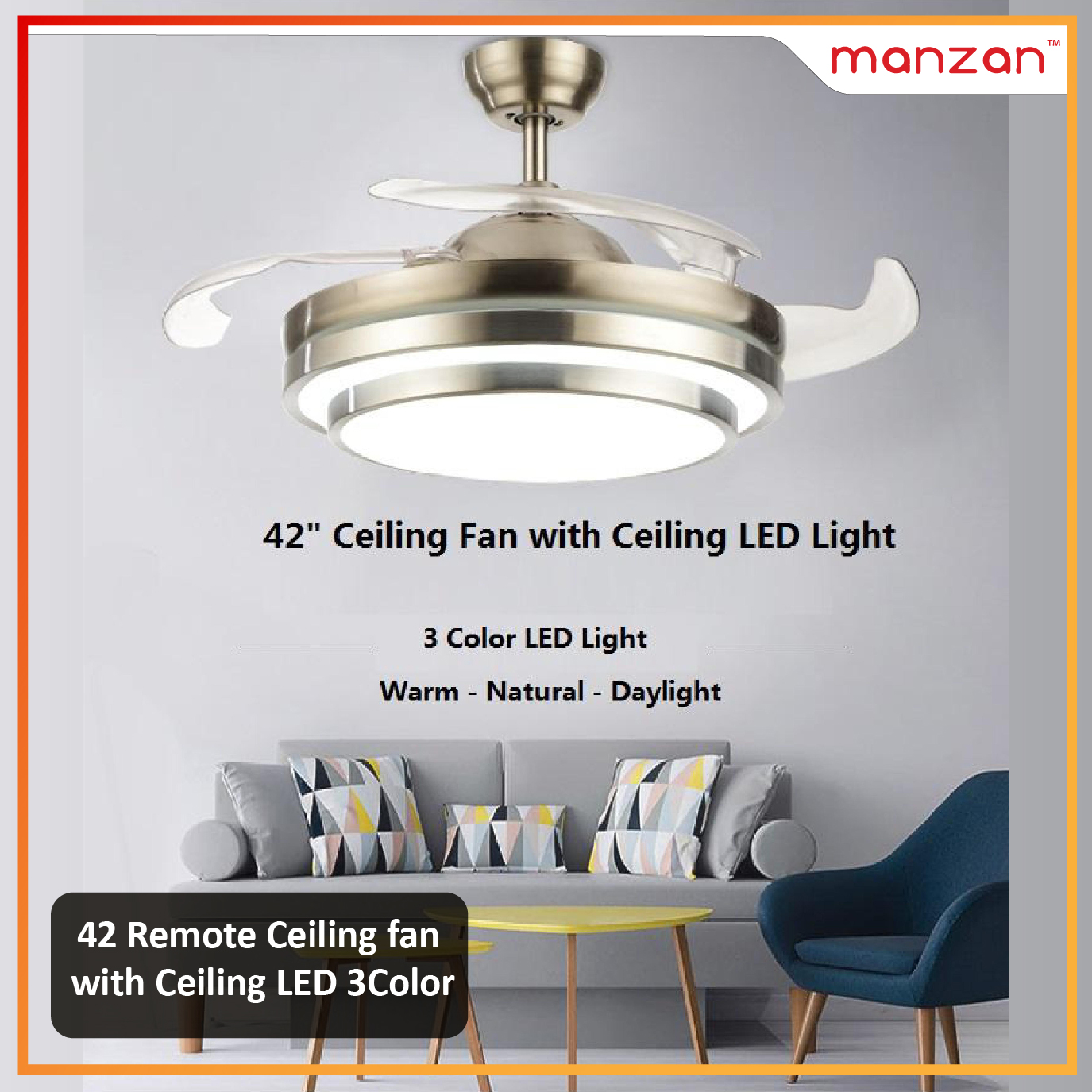 Manzan 42 Remote Ceiling Fan With Ceiling Led 3color Warm Natural Daylight