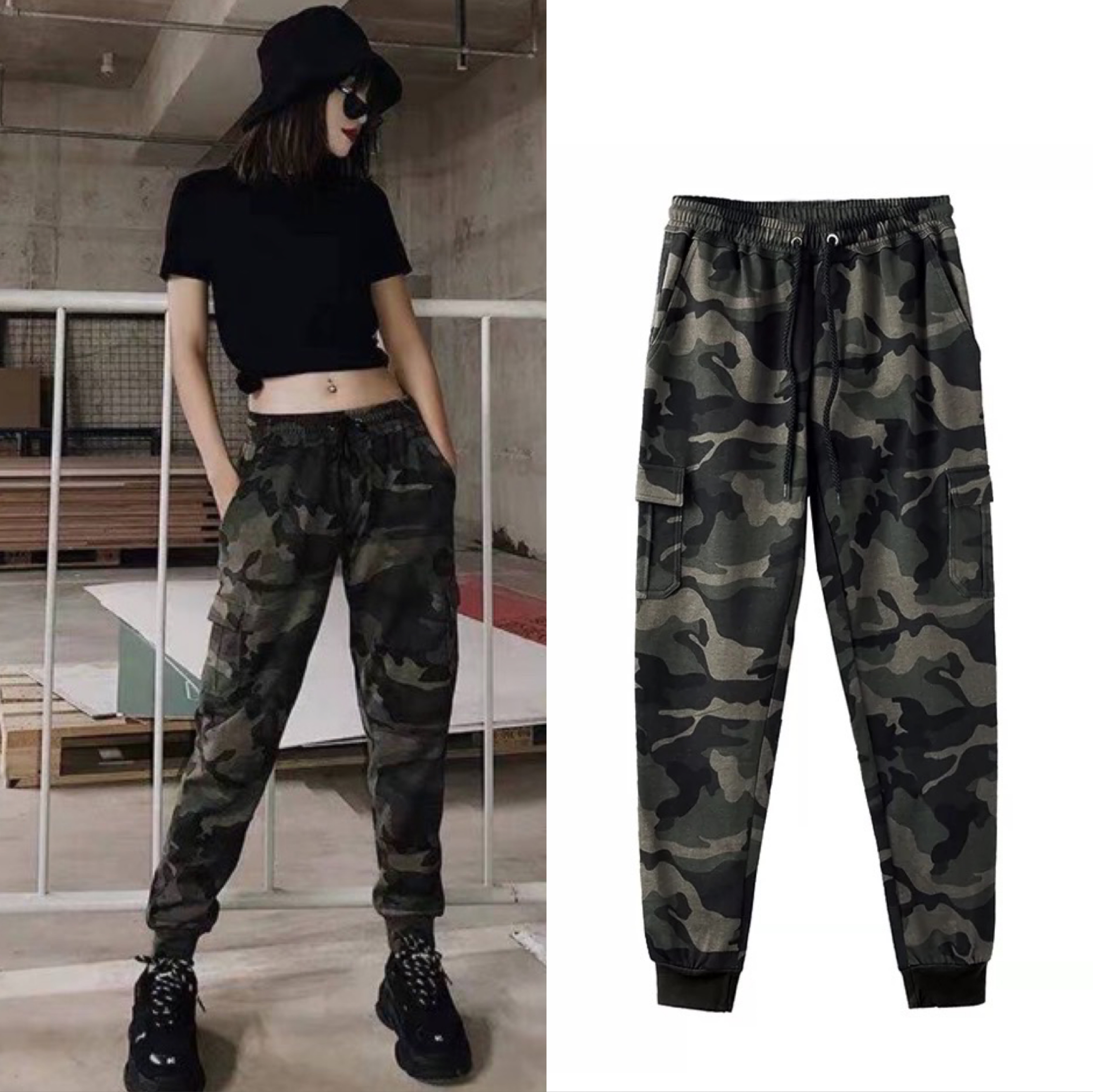 Double Denim Women's High Waist Jogger Pants - Casual Cargo Elastic  Waistband Sweatpants Tapered Fatigue with 6 Pockets Camouflage X-Large