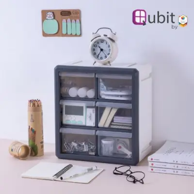 Qubit Hexa2-Cube | Mini Desktop Drawer with 6 Transparent Compartments | Storage Solution for Home Organization