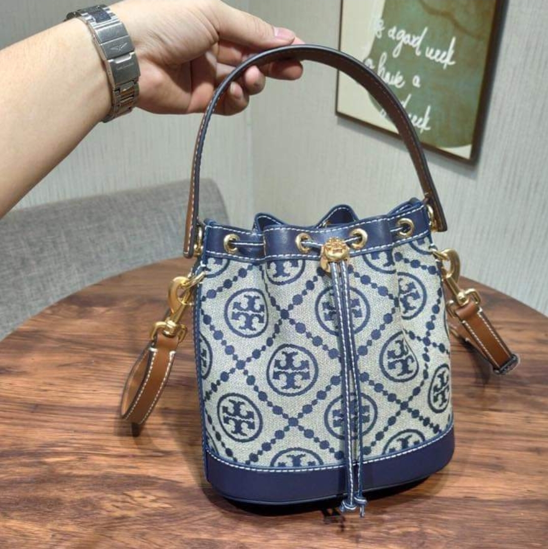 .Y . 79487 T Monogram in Navy Blue Woven Jacquard Bucket Bag  with Fine Leather Trim and Drawstring Closure - Women's Bag | Lazada PH